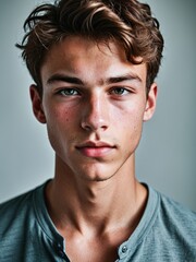 Obraz premium A close-up portrait of a young man with curly hair and blue eyes and looking directly at the viewer