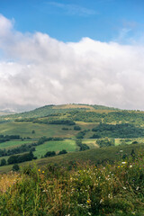 Obraz premium Lush green hills and rolling valleys stretch beneath a dynamic sky, filled with fluffy white cumulus clouds, creating a vibrant and idyllic summer landscape rich in natural beauty