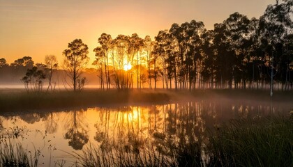 Obraz premium A serene landscape at dawn, featuring a misty wetland with still water reflecting the soft