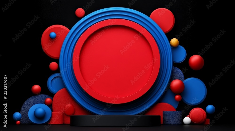 Poster abstract red and blue geometric display: a vibrant 3d rendering showcasing a bold red circular platf
