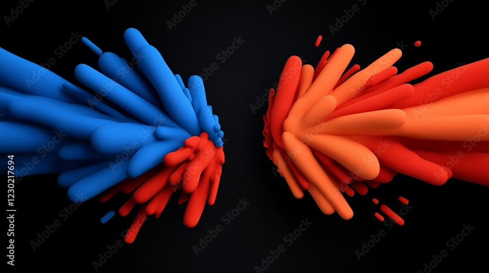 Poster dynamic color burst: abstract 3d rendering of vibrant blue and orange paint splashes, exploding outw