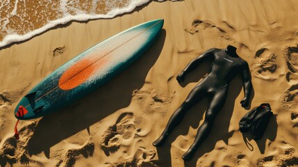 Surfing equipment on a beach. Featuring a surfboard and wetsuit laid out on the sand. Highlighting the sport of surfing. Ideal for travel guides.