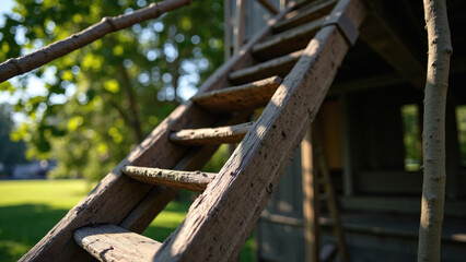 Forgotten Wooden Ladder, Its Cracked Steps Baking under Intense Sun, Reflecting a Bygone Era