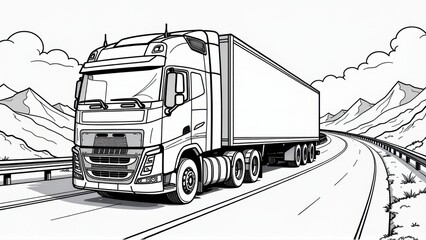 Black and White Illustration of a Semi-Truck on a Mountain Road