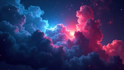 Fototapeta premium Vast space with blue and red glowing gas clouds, galaxies, starry night sky, galaxy explosion