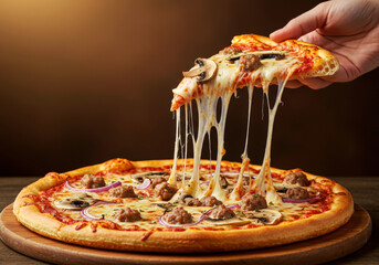 Hand grabbing a slice of mushroom, onion and sausage pizza and the cheese pulling