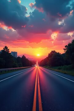 Sunset cityscape panorama, empty asphalt road, photo, evening