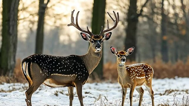 Axis deer buck and fawn in snowy forest at sunset