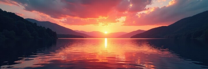 Fototapeta premium Sunset on the lake's surface brings peacefulness, , serene, lake