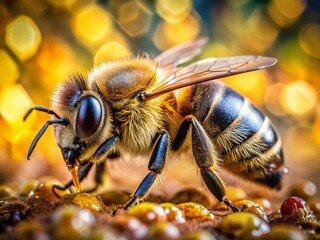 Honeybee Macro Closeup with Bokeh, Yellowish Brown Black Striped Abdomen