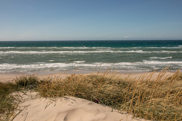 Kleine Sanddünen, teilweise mit Gras bewachsen an der Küste