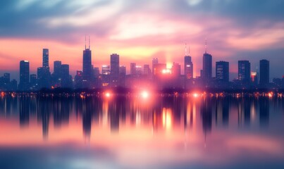 Obraz premium City skyline reflected in water at sunset.
