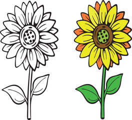 Coloring and Black and White Sunflower Vector Art Illustration High-Quality Floral Design