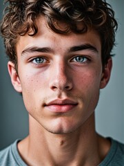 Fototapeta premium A close-up portrait of a young man with curly hair and blue eyes and looking directly at the viewer