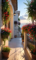 Fototapeta premium Soothing balcony atmosphere with Mediterranean flowers and soft lighting , ausblick, architektonischer Stil, blumen