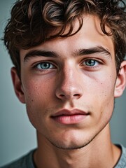 Obraz premium A close-up portrait of a young man with curly hair and blue eyes and looking directly at the viewer
