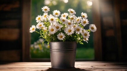Fototapeta premium A vibrant collection of white daisies with yellow centers is arranged in a rustic metal bucket, set against a contrasting dark background, creating a beautiful floral display