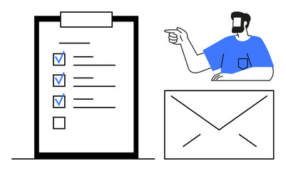 Man pointing to a checklist clipboard with checked tasks, large envelope below. Ideal for productivity, organization, task management, communication, business strategy, workflow optimization