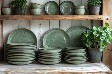 Fototapeta premium a beautiful rustic shelf made of natural wood, on which ceramic dishes are neatly arranged. 