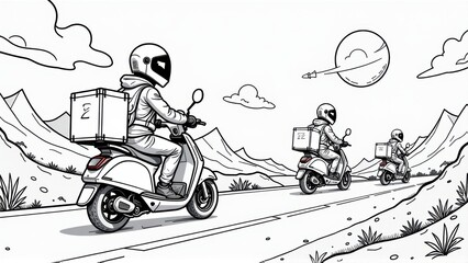 Astronaut Delivery Riders on Scooters - Line Art Illustration