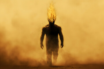 A giant, fiery humanoid with a crown made of lava, walking across a desert, leaving a trail of ash behind.


