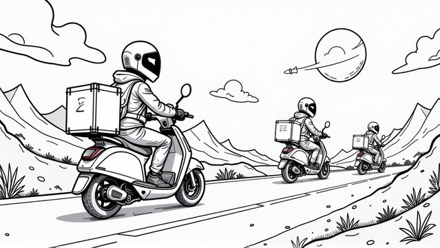 Astronaut Delivery Riders on Scooters - Line Art Illustration