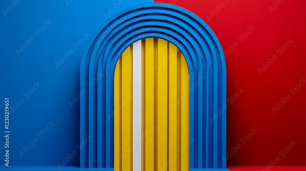 Poster abstract archway: a vibrant 3d rendering featuring a series of blue arches framing a yellow and whit