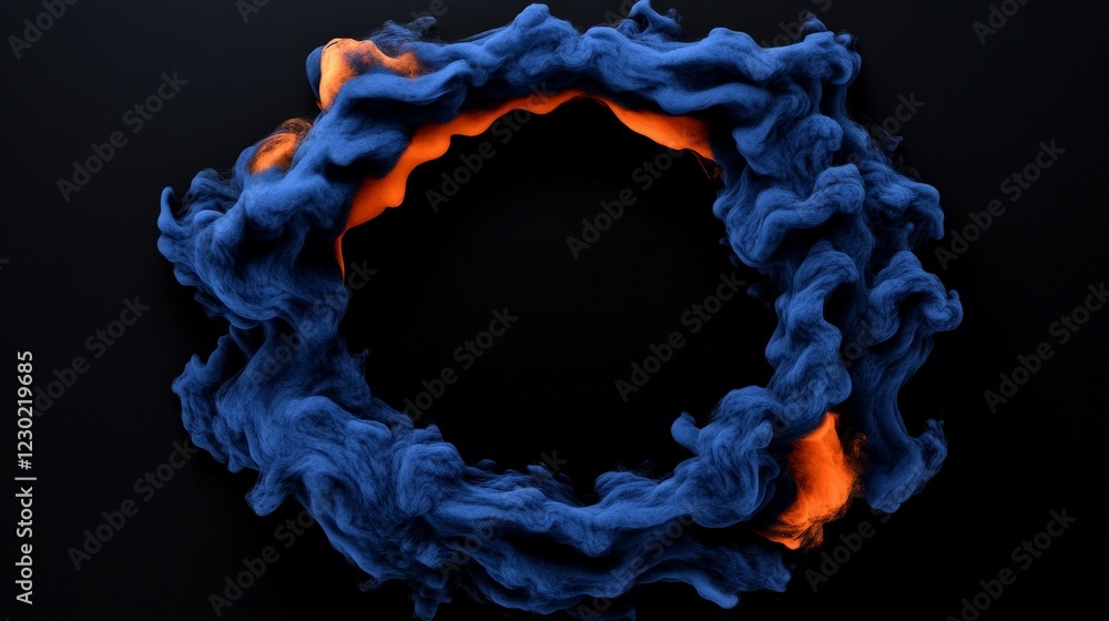 Poster abstract ink ring: a mesmerizing circular frame created by swirling blue and orange ink against a de