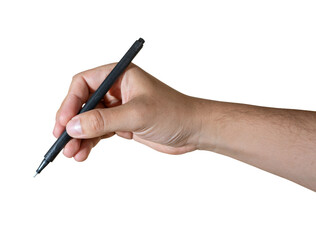 Human hand holding a black pen isolated on transparent background. 