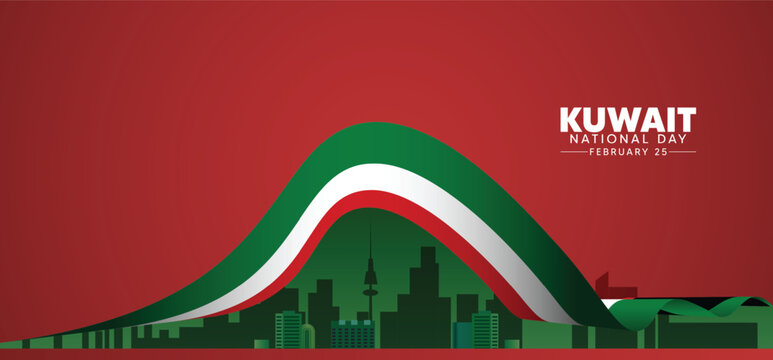 Kuwait National Day 25 February flag ribbon with cityscape vector poster