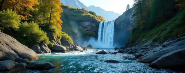 A majestic waterfall flowing over a rocky riverbed in the mountains, tranquility, riverbed