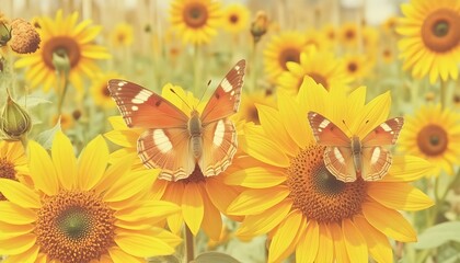 Vintage-style sunflower field with warm, faded golden tones and a soft textured effect