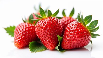 Juicy Fresh Strawberries with Vibrant Green Leaves on Crisp White Background with Copy Space