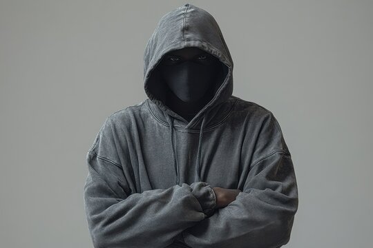 Mysterious figure in a dark hoodie with obscured face standing against a neutral background