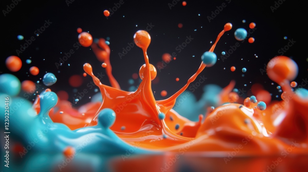 Poster abstract orange and blue paint splash, a vibrant dynamic artistic expression of color texture in mod