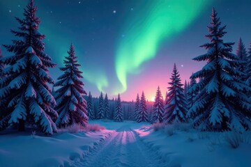 A serene forest scene with glowing aurora lights, Snow, Natural Light