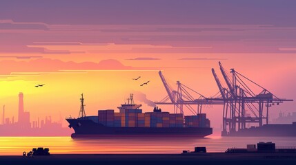 Container ship unloading dusk port city digital artwork tranquil waters side view maritime industry