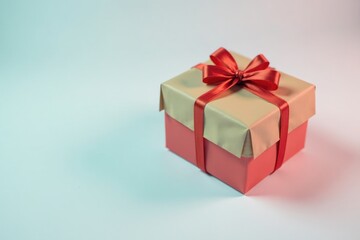 Obraz premium A single colorful gift box wrapped in brown paper on a white surface, single present, wrapped gift