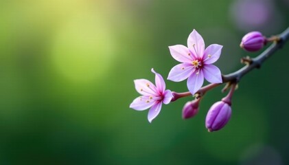 A single branch with a few delicate, purple flowers, green, delicate flowers, spring
