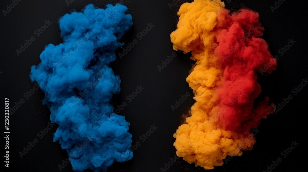 Poster abstract color burst: vibrant blue and orange ink clouds collide and swirl against a dramatic black 
