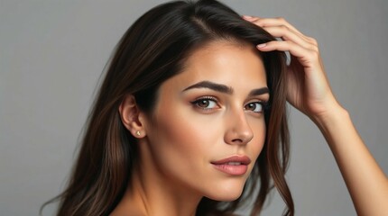 Naklejka premium Photorealistic fashion close-up portrait of a young woman with long dark hair and brown eyes against a light gray background