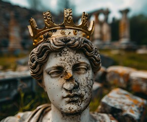 Fototapeta premium A weathered statue of a crowned figure, displaying intricate features, rests among ancient ruins overgrown with nature.