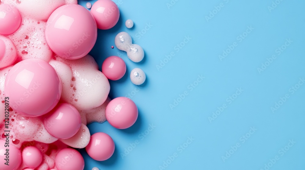 Poster pink and white bubbles on blue: an abstract image featuring a cluster of glossy pink and white bubbl