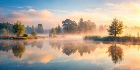 Obraz premium Misty morning with a subtle gradient and soft focus, calm waters, reflection pool, hazy atmosphere