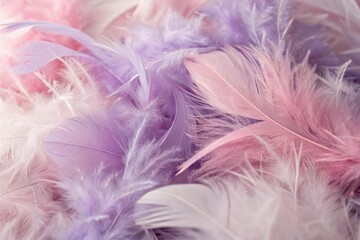 Pastel feathers in shades of lavender and powder pink create a romantic and feminine look, soft focus, subtle texture, peaceful scene, calming atmosphere, delicate patterns