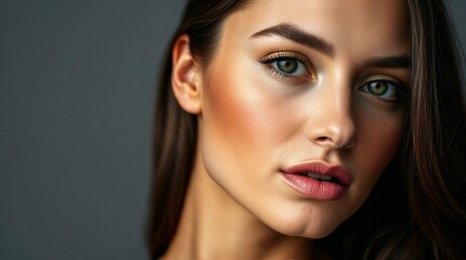 Naklejka premium Photorealistic fashion close-up portrait of a young woman with long dark hair and green eyes against a gray background