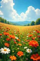 Colorful wildflowers stretching towards the sky, orange, landscape, flower field