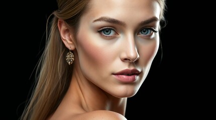 Fototapeta premium Photorealistic close-up portrait of a woman with long blonde hair and blue eyes against a black background, adorned with elegant earrings