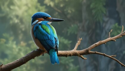 Perched kingfisher with bright blue and green plumage, birding, waterbird