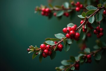 Obraz premium Cotoneaster in winter with bright red berries on a dark green backdrop, foliage, winter